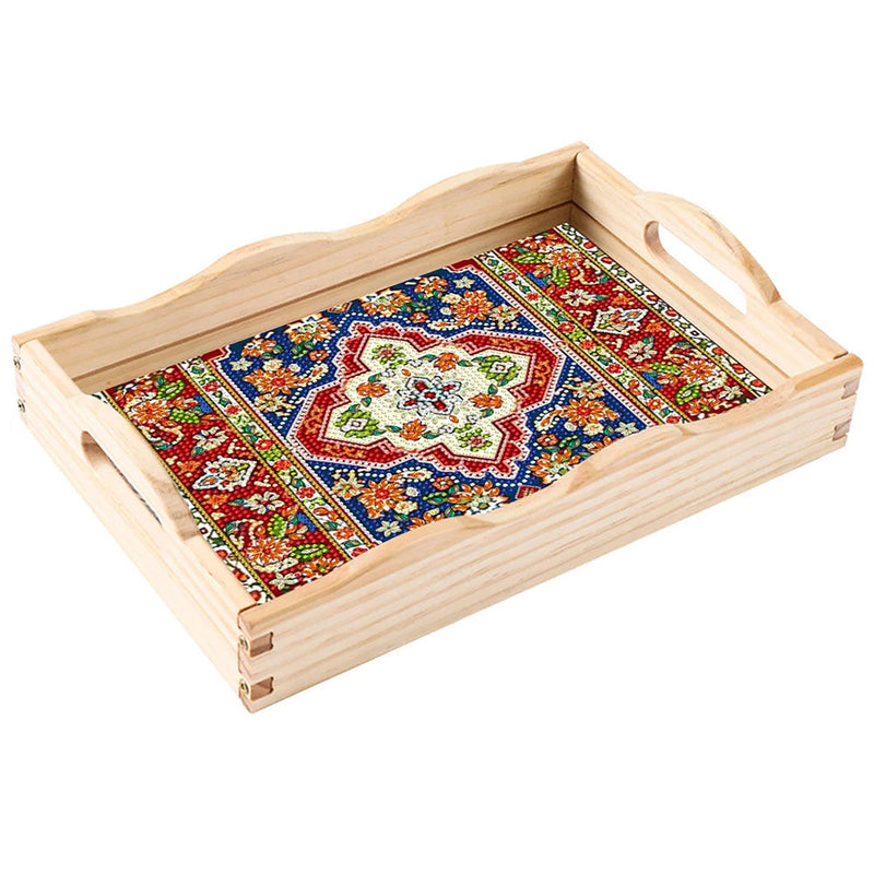 Plateau de Service en Bois à Motif Mandala Rétro Broderie Diamant