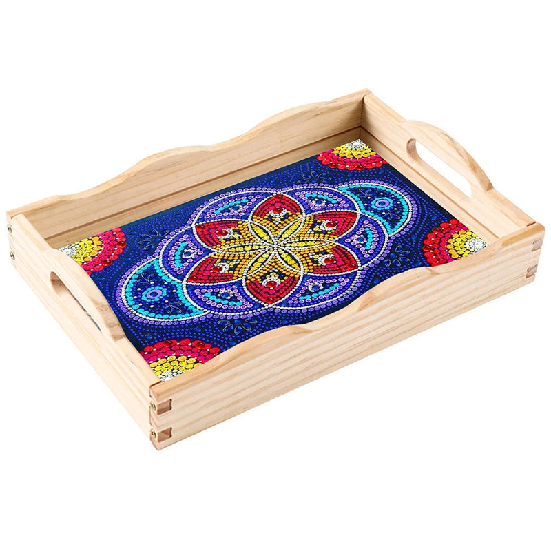 Plateau de Service en Bois Mandala Fleur Bleue et Rouge Broderie Diamant