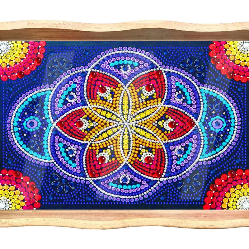 Plateau de Service en Bois Mandala Fleur Bleue et Rouge Broderie Diamant