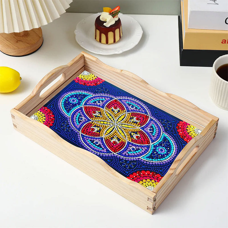 Plateau de Service en Bois Mandala Fleur Bleue et Rouge Broderie Diamant