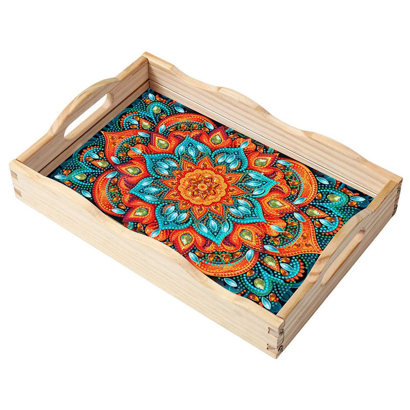 Plateau de Service en Bois Mandala Orange et Vert Broderie Diamant