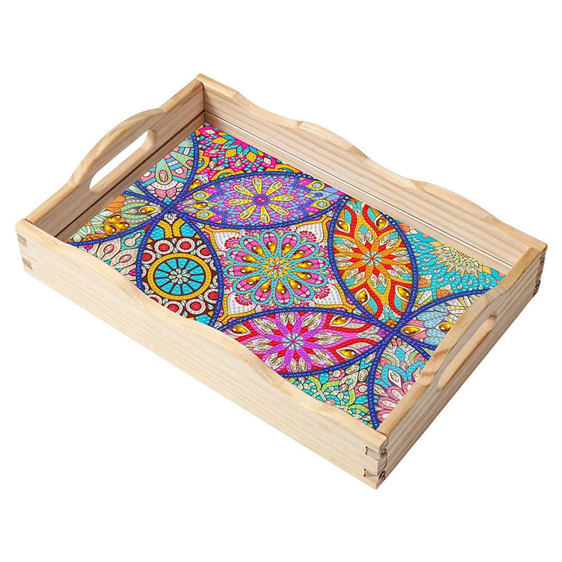 Plateau de Service en Bois Mandala Pâquerette Colorée Broderie Diamant