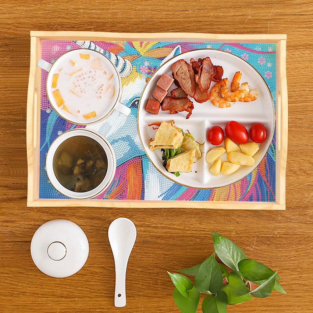 Plateau de Service en Bois Licorne aux Cheveux Colorés Broderie Diamant