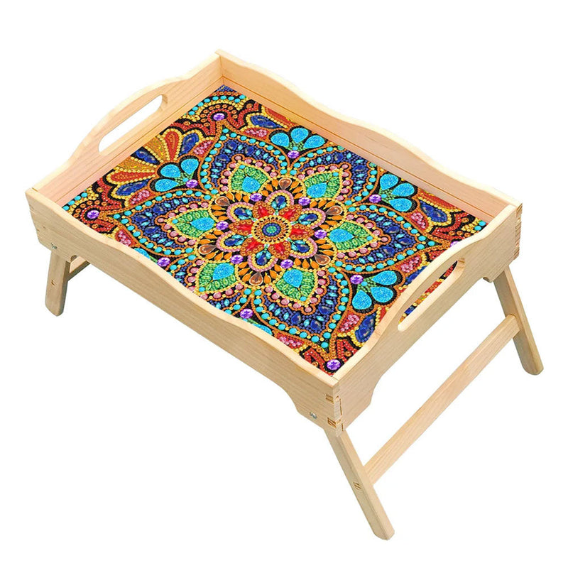 Plateau de Dinner en Bois Avec Poignée Mandala Lotus Coloré Broderie Diamant