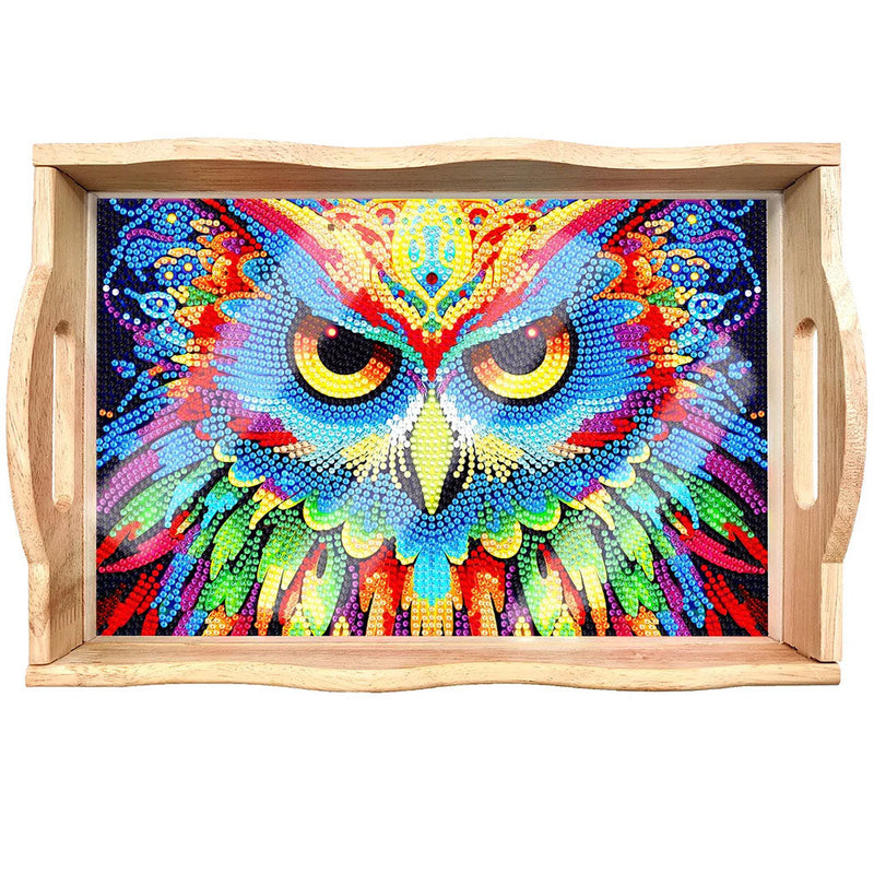 Plateau de Service en Bois Hibou Coloré et Formidable Broderie Diamant