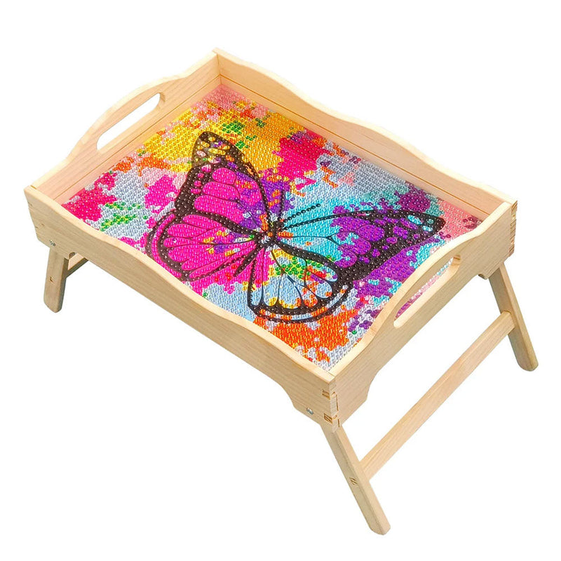 Plateau de Dinner en Bois Avec Poignée Papillon Coloré Broderie Diamant