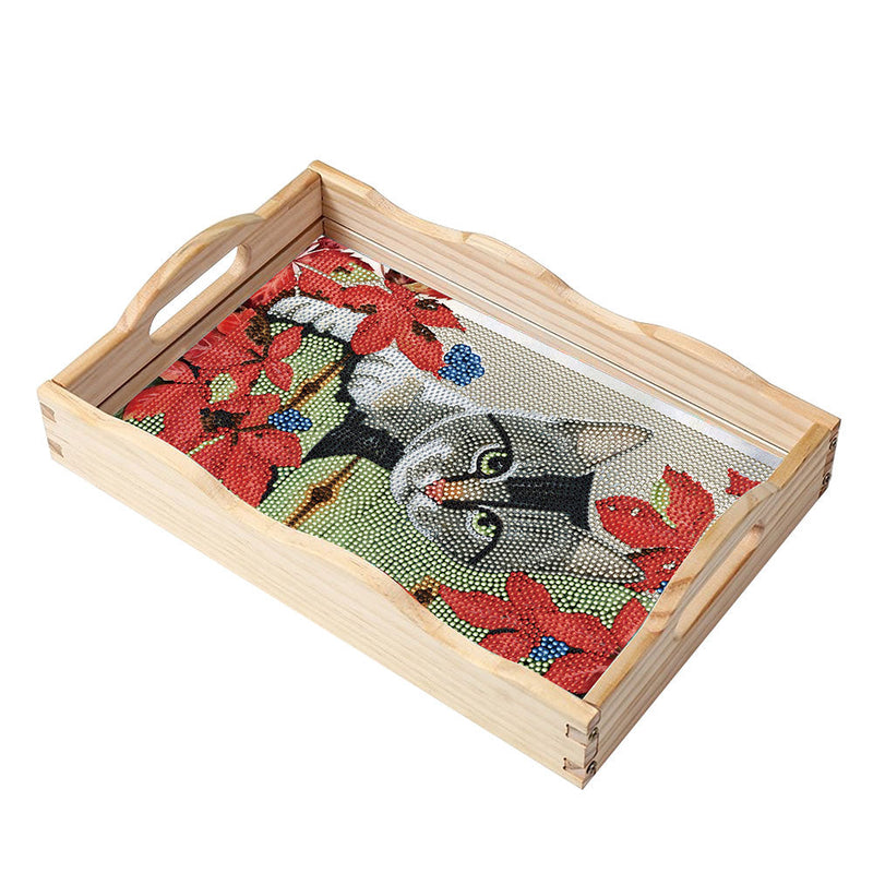 Plateau de Service en Bois Chat Gris et Fleur Rouge Broderie Diamant