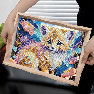 Plateau de Service en Bois Petit Chat et Fleurs Broderie Diamant