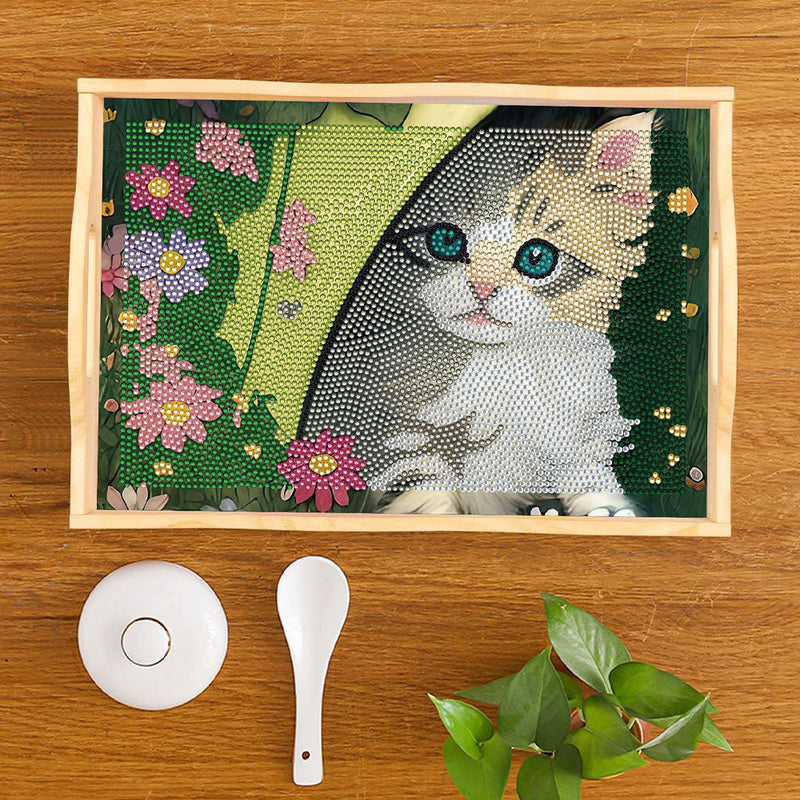 Plateau de Service en Bois Chaton Caché Broderie Diamant