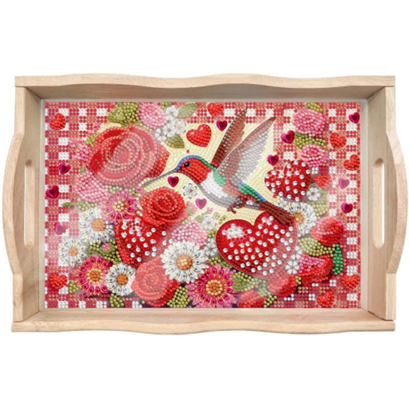 Plateau de Service en Bois Colibri et Fleurs Roses Rouges Broderie Diamant