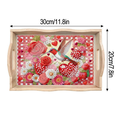 Plateau de Service en Bois Colibri et Fleurs Roses Rouges Broderie Diamant