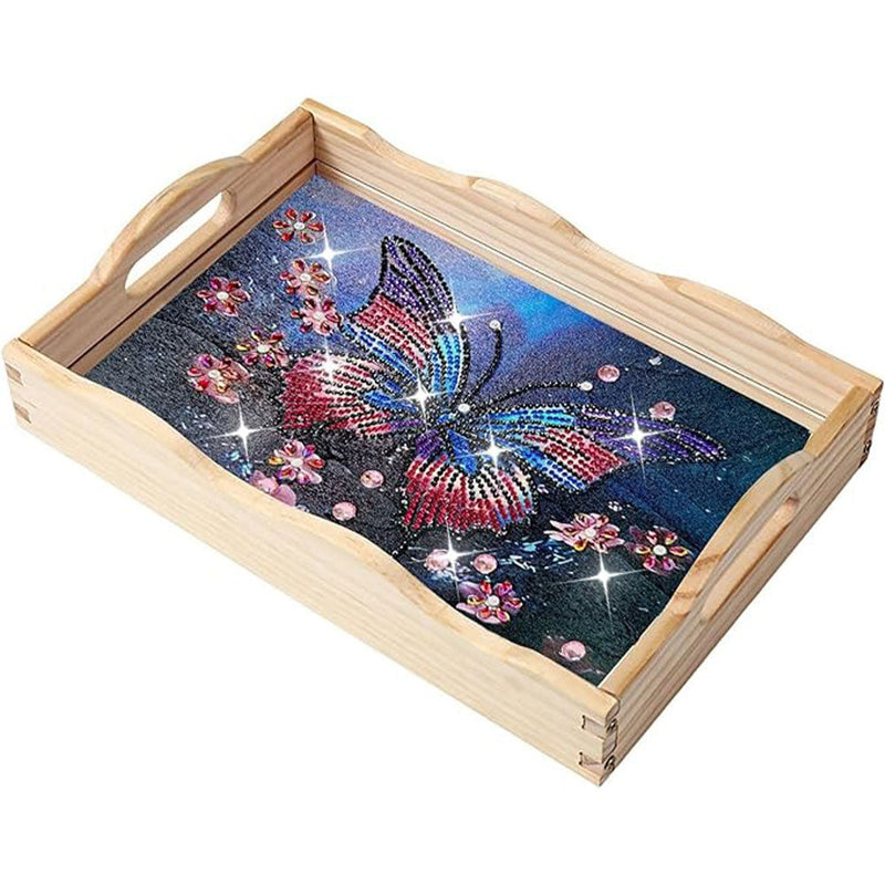 Plateau de Service en Bois Papillon Coloré Rayonnant Broderie Diamant