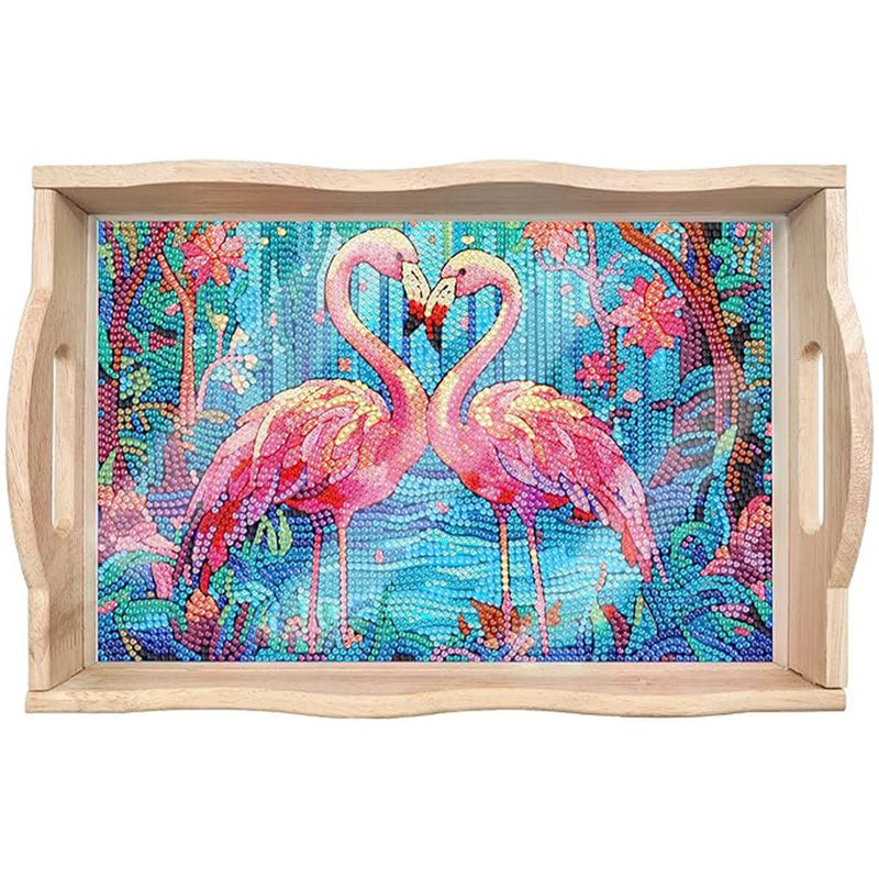 Plateau de Service en Bois Couple Flamingo dans La Forêt Broderie Diamant