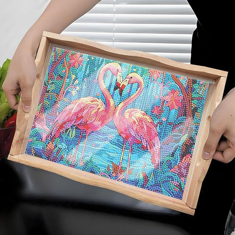 Plateau de Service en Bois Couple Flamingo dans La Forêt Broderie Diamant