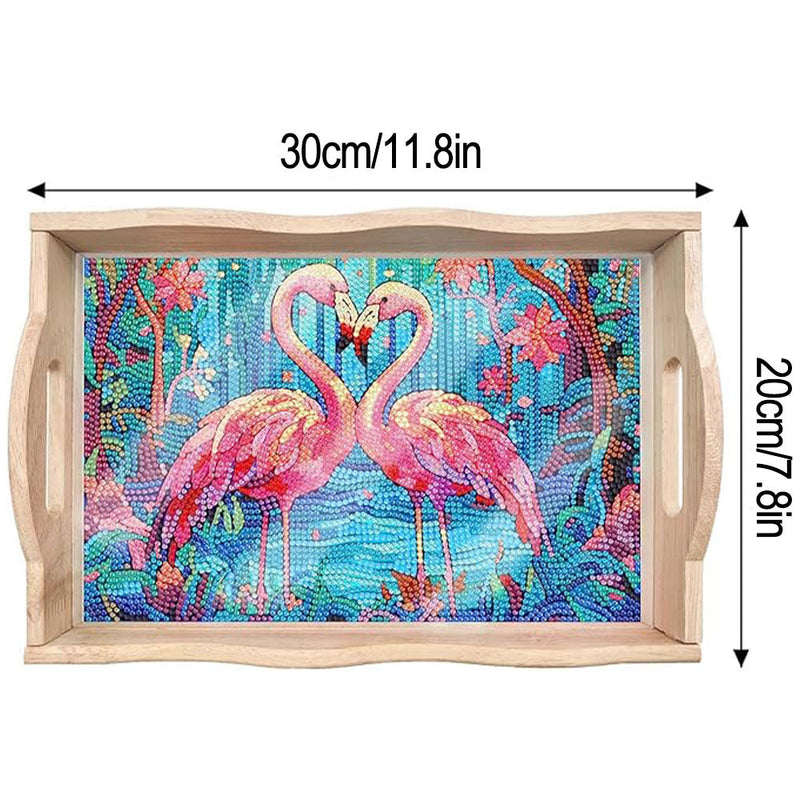 Plateau de Service en Bois Couple Flamingo dans La Forêt Broderie Diamant