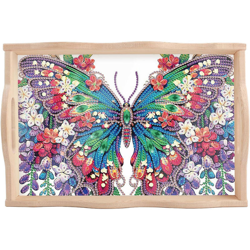 Plateau de Service en Bois Papillon à Fleur Vert et Violet Broderie Diamant