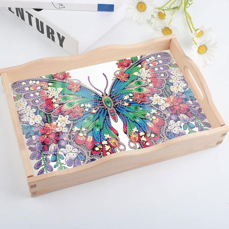 Plateau de Service en Bois Papillon à Fleur Vert et Violet Broderie Diamant