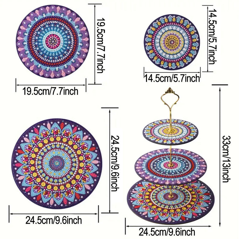 3 Niveaux de Plateau de Service Acrylique Mandala Coloré Rond Broderie Diamant