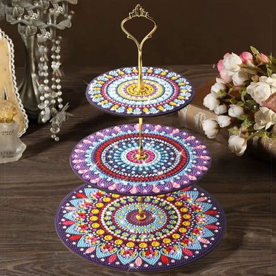 3 Niveaux de Plateau de Service Acrylique Mandala Coloré Rond Broderie Diamant