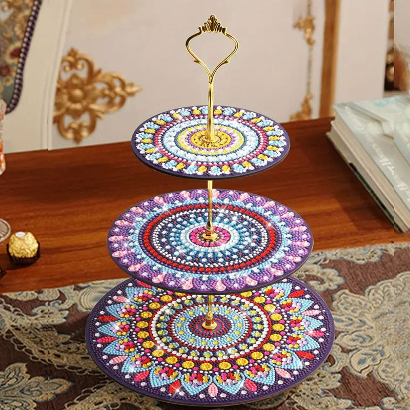 3 Niveaux de Plateau de Service Acrylique Mandala Coloré Rond Broderie Diamant