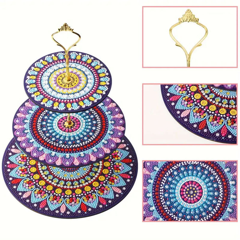 3 Niveaux de Plateau de Service Acrylique Mandala Coloré Rond Broderie Diamant