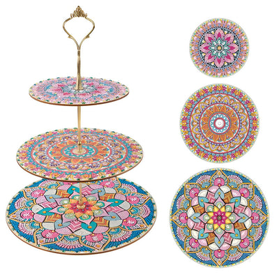 3 Niveaux de Plateau de Service Acrylique Mandala Lotus Coloré Rond Broderie Diamant