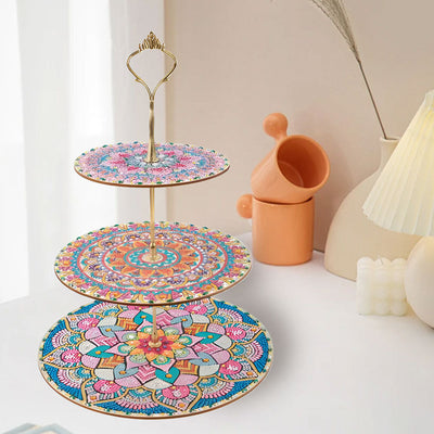 3 Niveaux de Plateau de Service Acrylique Mandala Lotus Coloré Rond Broderie Diamant