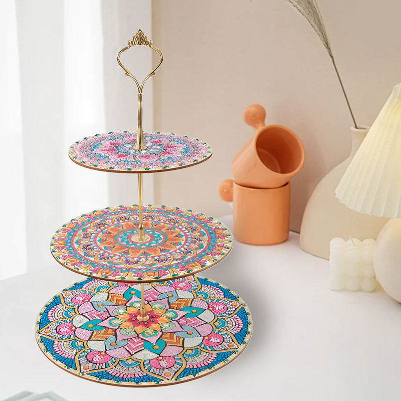 3 Niveaux de Plateau de Service Acrylique Mandala Lotus Coloré Rond Broderie Diamant