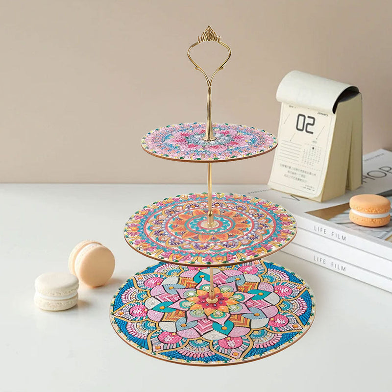 3 Niveaux de Plateau de Service Acrylique Mandala Lotus Coloré Rond Broderie Diamant