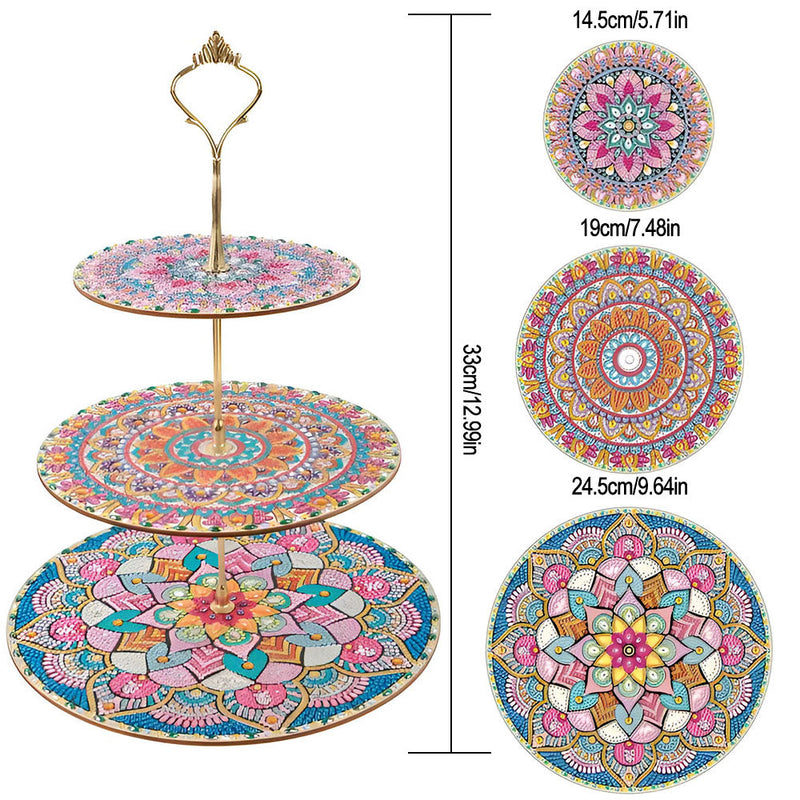 3 Niveaux de Plateau de Service Acrylique Mandala Lotus Coloré Rond Broderie Diamant