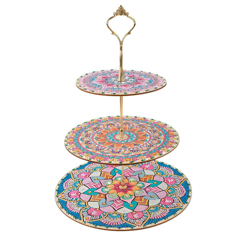 3 Niveaux de Plateau de Service Acrylique Mandala Lotus Coloré Rond Broderie Diamant