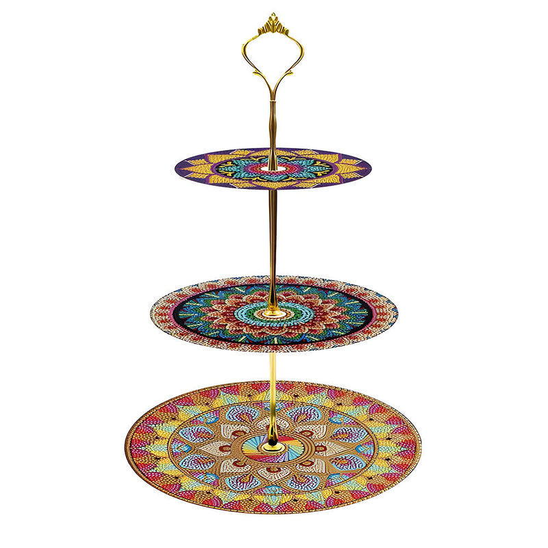 3 Niveaux de Plateau de Service Acrylique Mandala Fleur Rond Broderie Diamant