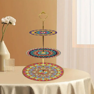 3 Niveaux de Plateau de Service Acrylique Mandala Fleur Rond Broderie Diamant