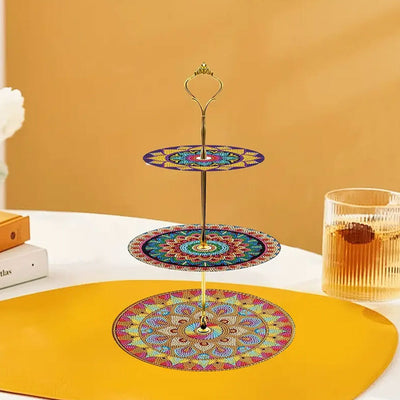 3 Niveaux de Plateau de Service Acrylique Mandala Fleur Rond Broderie Diamant