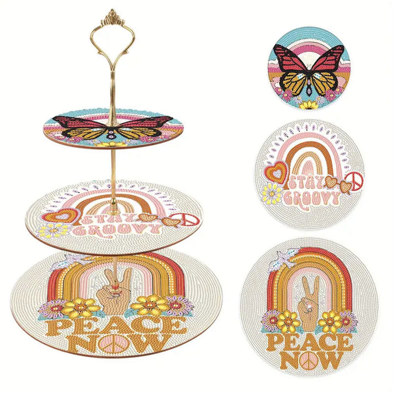 3 Niveaux de Plateau de Service Acrylique Arc-en-Ciel PEACE NOW et Papillon Broderie Diamant