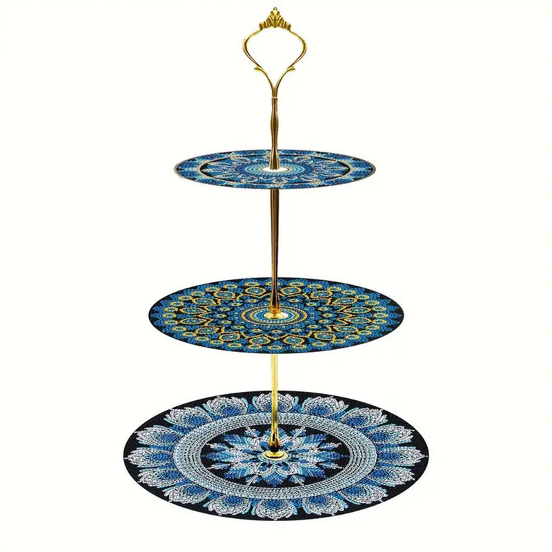 3 Niveaux de Plateau de Service Acrylique Mandala Bleu Broderie Diamant