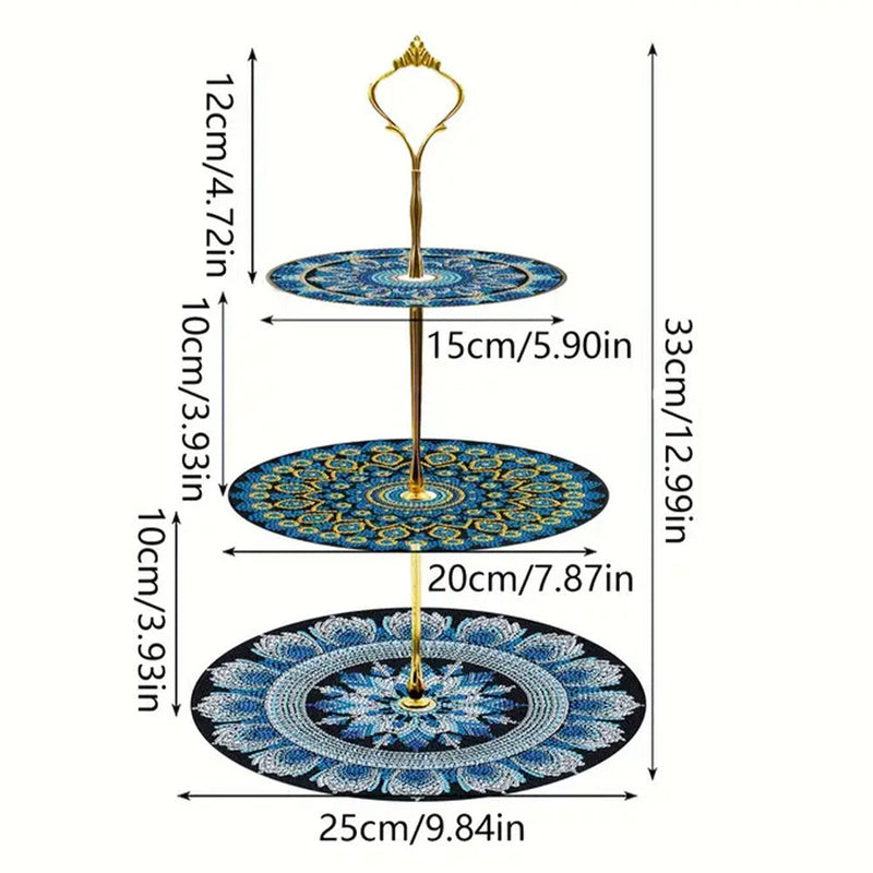 3 Niveaux de Plateau de Service Acrylique Mandala Bleu Broderie Diamant