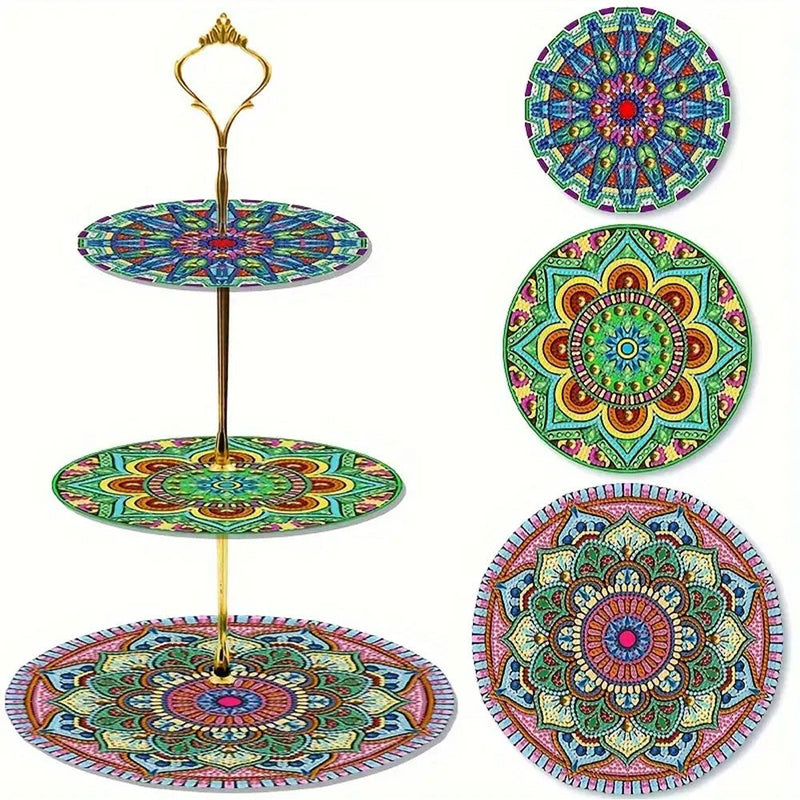 3 Niveaux de Plateau de Service Acrylique Mandala Bleu Vert Broderie Diamant