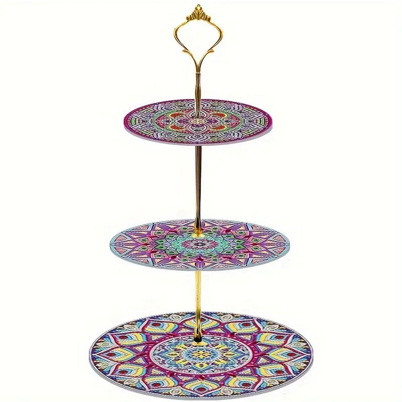 3 Niveaux de Plateau de Service Acrylique Mandala Violet Broderie Diamant