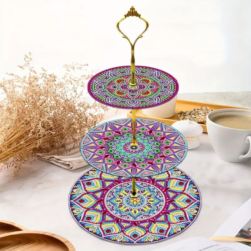 3 Niveaux de Plateau de Service Acrylique Mandala Violet Broderie Diamant