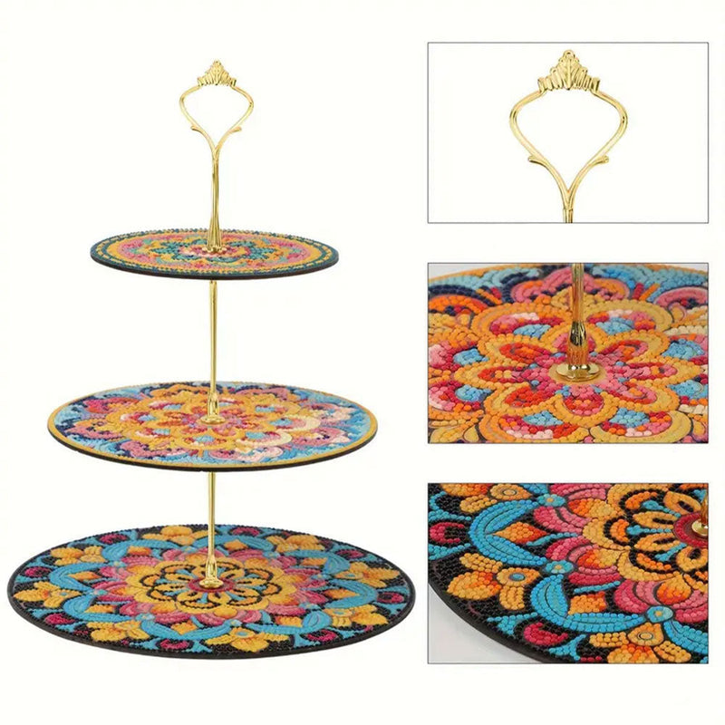 3 Niveaux de Plateau de Service Acrylique Mandala Fleur Orange Broderie Diamant