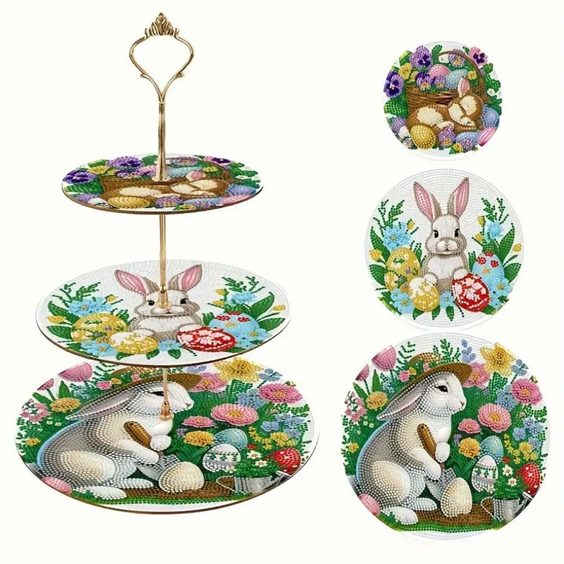 3 Niveaux de Plateau de Service Acrylique Lapin des Pâques et Fleurs Broderie Diamant