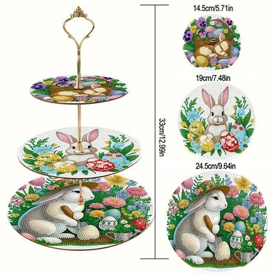 3 Niveaux de Plateau de Service Acrylique Lapin des Pâques et Fleurs Broderie Diamant