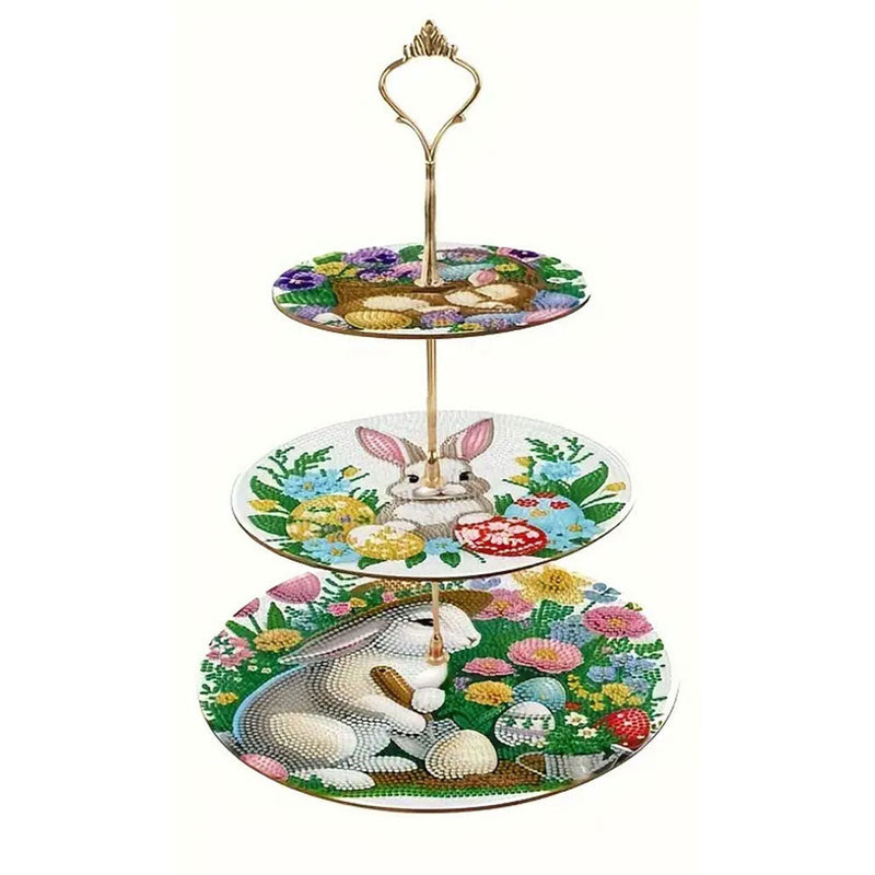 3 Niveaux de Plateau de Service Acrylique Lapin des Pâques et Fleurs Broderie Diamant