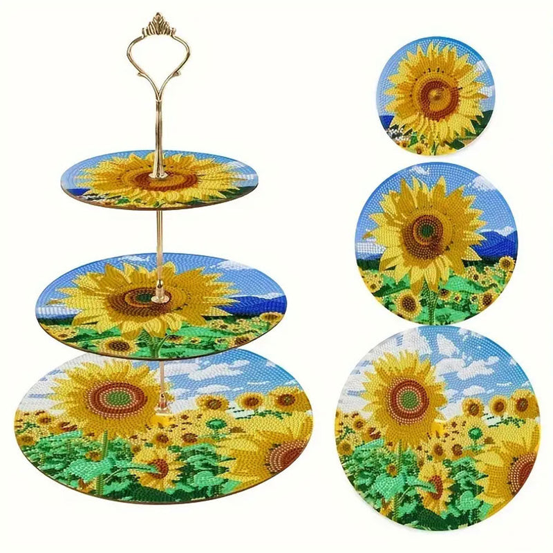 3 Niveaux de Plateau de Service Acrylique Tournesol sous Le Ciel Bleu Broderie Diamant