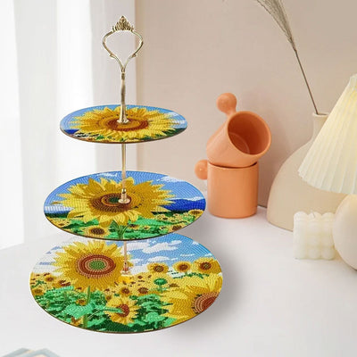 3 Niveaux de Plateau de Service Acrylique Tournesol sous Le Ciel Bleu Broderie Diamant