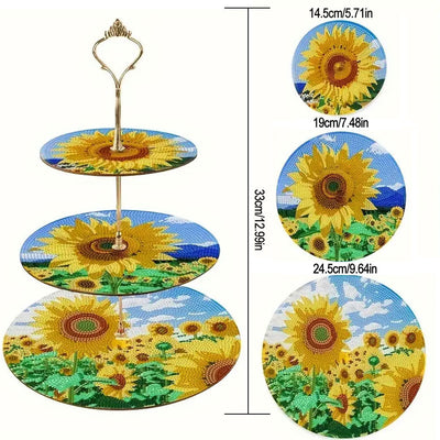 3 Niveaux de Plateau de Service Acrylique Tournesol sous Le Ciel Bleu Broderie Diamant