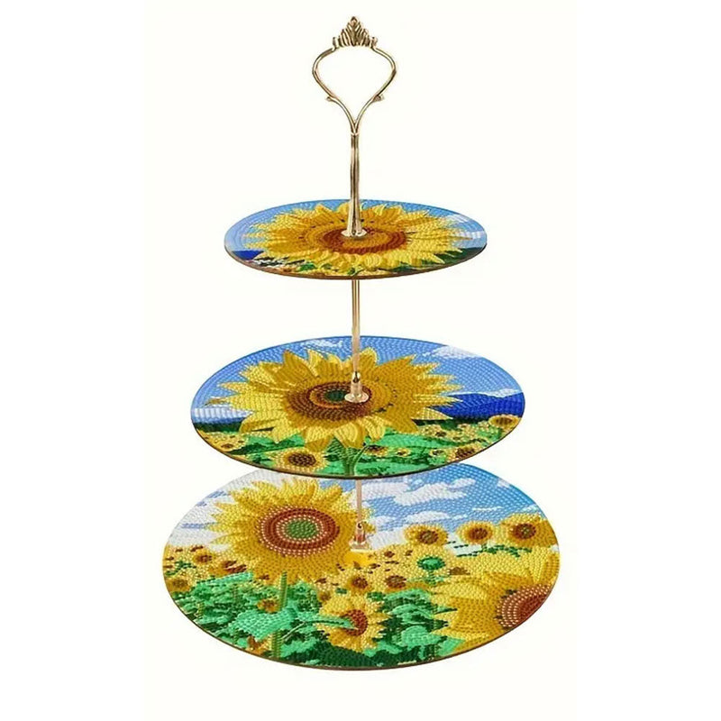 3 Niveaux de Plateau de Service Acrylique Tournesol sous Le Ciel Bleu Broderie Diamant