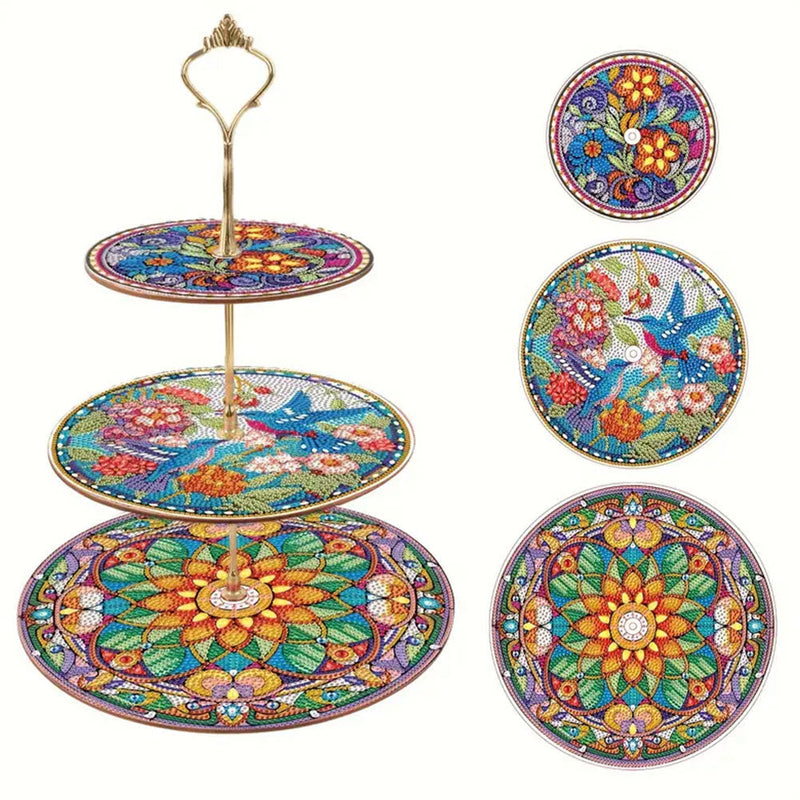 3 Niveaux de Plateau de Service Acrylique Mandala et Oiseau Colorés Abstraits Broderie Diamant