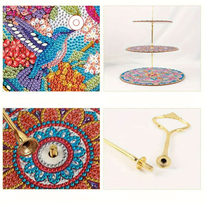 3 Niveaux de Plateau de Service Acrylique Mandala et Oiseau Colorés Abstraits Broderie Diamant